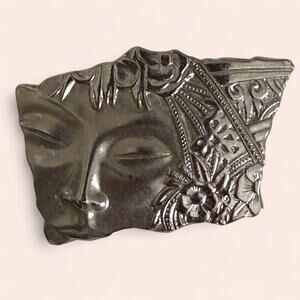JJ Jonette Asian Woman Face Geisha Goddess Brooch Silver Tone Art Deco Nouveau